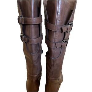 SESTO MEUCCI Women's Tall Brown Side Zip Leather Boots Size 8 N ADJUSTABLE CALF